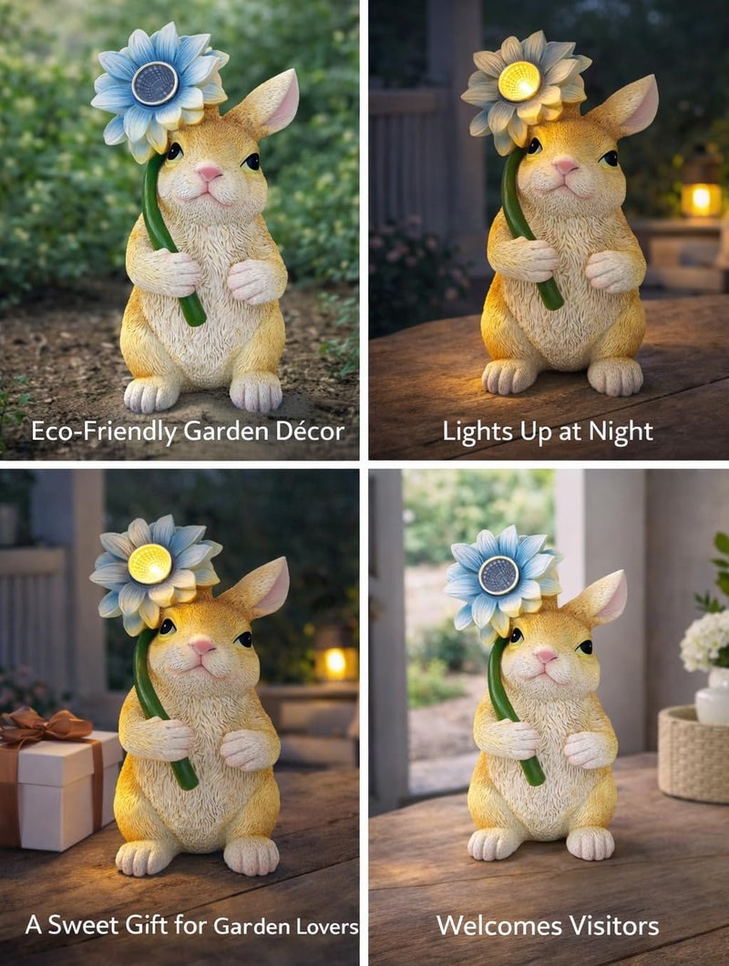GoGnome Solar Bunny Garden Statue with LED Flower – Hand-Painted Resin Rabbit Figurine, Outdoor Solar Light Decor for Yard, Patio, Porch, Lawn (Rabbit) - Image 2